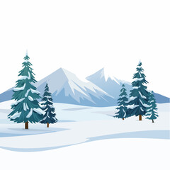 winter landscape with trees in the foreground and hills covered by snow