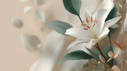 Elegant White Lily with Green Leaves on Soft Beige Fabric Background
