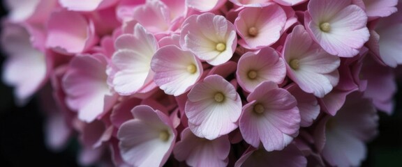 Detailed Macro Photograph of Pink and White Hydrangea, Shallow Depth of Field, Dark Background, Focus on Petals