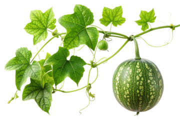 Isolated wild gourd vine with green fruit and detailed leaves transparent background