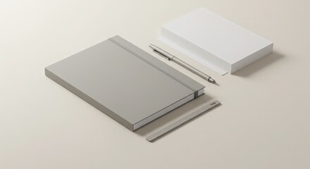 Minimalistic Gray Notebook with Blank Notepad and Pen on Surface