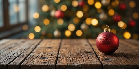 Vintage Wood Tabletop Over Christmas Ornaments Bokeh  Create a Warm   Nostalgic Atmosphere for Festive Advertising Campaigns