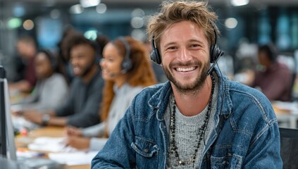Smiling man with headset in an office setting, other people blurred in the background