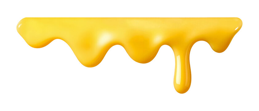 Melted cheese drip isolated on white background, realistic glossy yellow liquid splash, food design element
