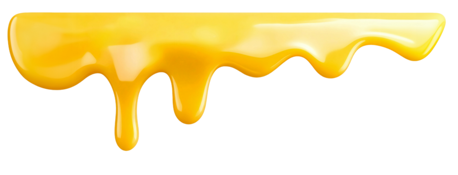 Melted cheese drip isolated on white background, realistic glossy yellow liquid splash, food design element
