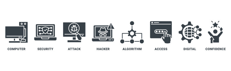 Data breach icon set vector concept with icon of computer, security, attack, hacker, algorithm, access, digital, confidence 