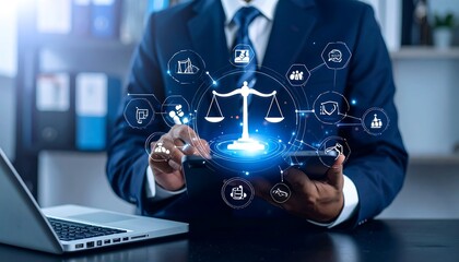 Businessperson using tablet with legal scales graphic, surrounded by data icons