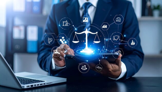 Businessperson using tablet with legal scales graphic, surrounded by data icons