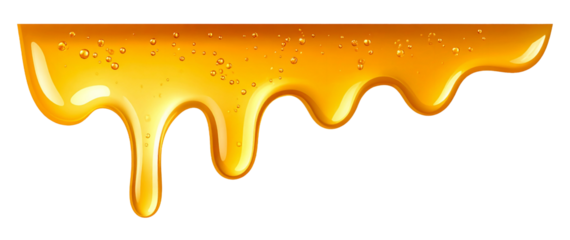 Golden honey drip with glossy shine on white background