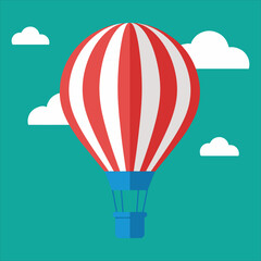 Red and white striped hot air balloon floats amidst fluffy white clouds against a teal sky.
