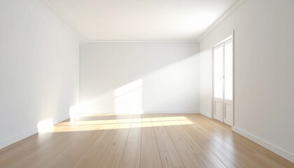 An empty room with natural light casts soft shadows on the light hardwood floor, creating a serene and bright interior space.