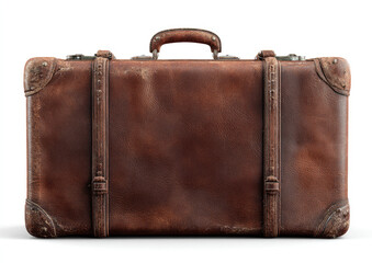 Vintage brown leather suitcase, front view.  Aged and worn