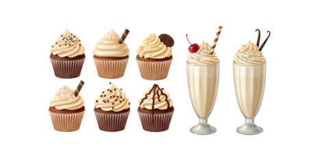 assortment of vanilla desserts and drinks, including cupcakes, milkshakes, ice cream, hot chocolate, and coffee. Vector illustrations