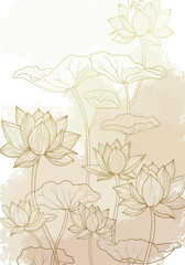 Golden Lotus Flowers Illustration Against Watercolor Wash Background