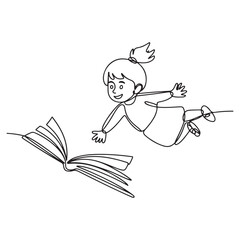 Single continuous line Art drawing little girl student or preschooler flying on magic book. Happy kids flying on the book. with white background