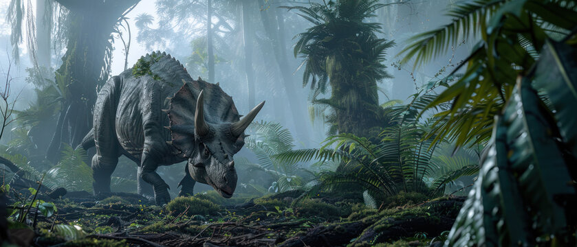 Realistic triceratops dinosaur roams through a dense, misty prehistoric jungle filled with giant ferns and ancient vegetation.

