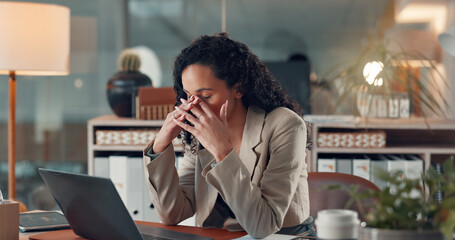 Tired, business and woman with laptop in office for administration, work pressure and burnout. Fatigue, person and discomfort with vertigo, employee eye strain and overwhelmed for project management