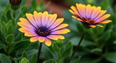 African daisies bloom with purple and yellow petals against a soft green background.
