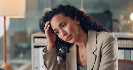 Stress, business and woman in office at night with vision, problem solving and headline mistake. Thinking, female journalist and reflection for working late, article decision and publication solution