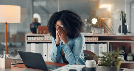 Business, woman and laptop with eye strain in office for accounting, work pressure and burnout....