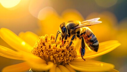 Bee Pollinating a Vibrant Yellow Flower in Golden Light