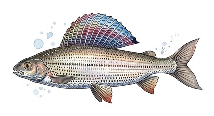 Obraz premium Artistic Watercolor Illustration of a Grayling Fish with a Colorful Dorsal Fin.