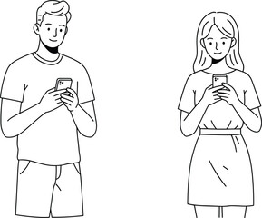 Black and white line art of man and woman using smartphones, casual outfit, digital interaction concept, vector illustration for stock content.
