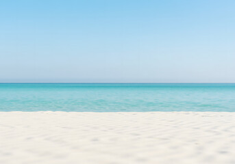 Fototapeta premium White Sand Beach with Turquoise Sea and Blue Sky, Minimal Seascape Background