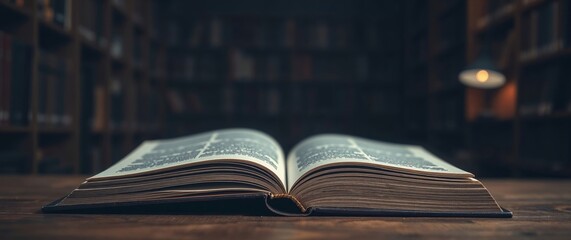 Obraz premium Open book lying on table in library setting with blurred bookshelves in background