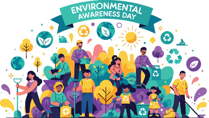 Environmental Awareness Day Diverse People Planting Trees Recycling and Cleaning Up