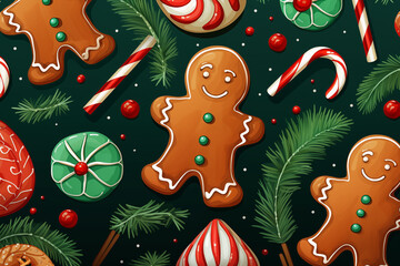 Seamless pattern with gingerbread cookies and candies