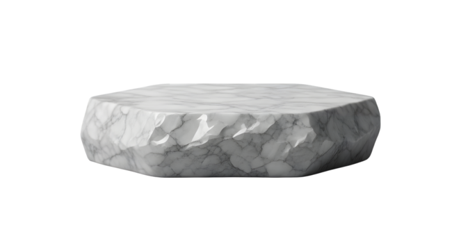 A natural grey marble pedestal against a white wall for product placement.
