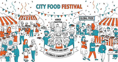 City Food Festival Illustration Diverse Crowd Enjoying Street Food Global Cuisine and Community Spirit