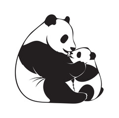 Panda Parent Embracing Cub Minimalist Black and White Wildlife Vector Illustration
