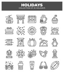 Collection of 25 Holidays. Festive Line Icons for Seasonal Celebrations