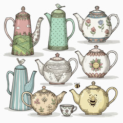Charming Collection of Teapots Vintage Teapot Illustration English Tea Party Floral Teapot Design