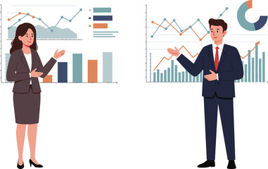 Business professionals presenting charts and graphs, formal attire, data analysis and performance review concept, vector illustration for stock content.