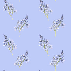 Blue flowers watercolor seamless pattern. Hand drawn floral background with spring first flowers, fresh botanical elements for home textile, fabric, stationery in rustic design