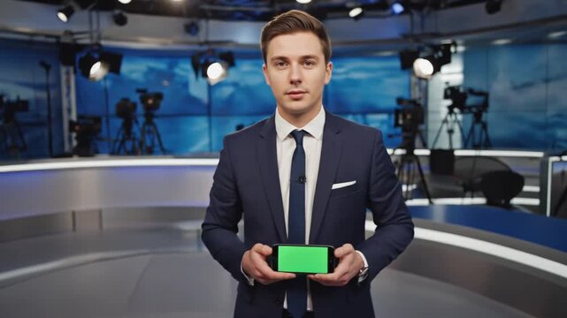 News presenter in a studio holding a smartphone with a green screen, surrounded by cameras and lights