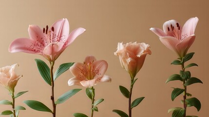 Pink Lily Flowers and Carnations in Minimal Arrangement on Beige Background
