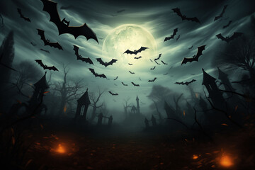 Spooky full moon with bats flying over the back for Halloween