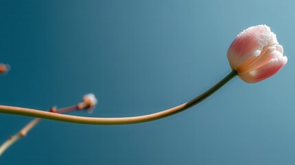 Single Pink Tulip with Dew Drops on Blue Background
