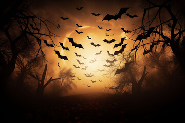Spooky full moon with bats flying over the back for Halloween