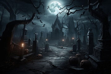 A spooky graveyard scene with bats, a full moon and graves.