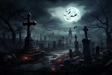 A spooky graveyard scene with bats, a full moon and graves.
