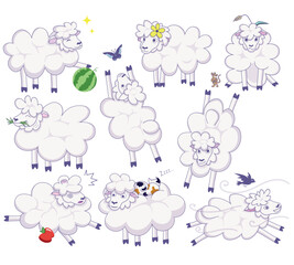 Obraz premium Vector flat illustration of cute funny sheep, that do different things of their life. Can use it as stickers, holiday postcard, child's products