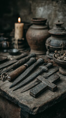 Fototapeta premium Hyper-realistic animation collection of ancient Roman bronze surgical tools on stone slab