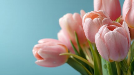 Close-up of Pink Tulip Bouquet on Aqua Blue Background
