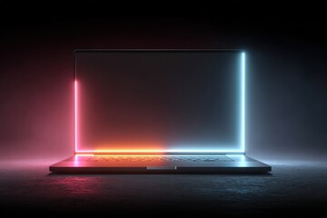 Futuristic laptop with neon frame glows red and blue, sitting on a dark concrete surface