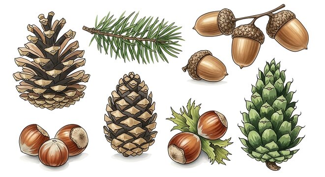 Autumnal Bounty - Pine Cones, Acorns, Hazelnuts, and Evergreen Branch Illustration.
